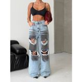 Herton Kadın Yırtık Detaylı Wide Leg Jean Pantolon – Füme Yıkamalı Denim