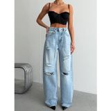 Herton Kadın Yırtık Detaylı Yüksek Bel Wide Leg Yama Cepli Baggy Jean Pantolon