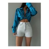 HerTon Kadın Yüksek Bel Çizgili Mini Kot Şort - Yazlık Slim Fit Jean Şort