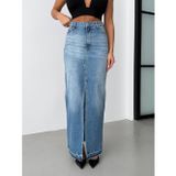 HerTon Kadın Yüksek Bel Yırtmaçlı Maxi Boy Jean Etek - %100 Pamuk Denim