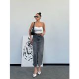 HerTon Kadın Yüksek Bel Yırtmaçlı Uzun Kot Etek – %100 Pamuk Füme Denim