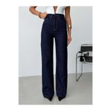HerTon Lacivert Simli Yüksek Bel Wide Leg Jean Pantolon Kadın Parlak Denim Pantolon