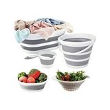 Herza House Katlanır 5’li Set Plastik Çamaşır Sepeti 25 lt Hacim Özellikli Kova Maşrapa Badya Süzgeç - Beyaz - 39 x 54 x 7 cm