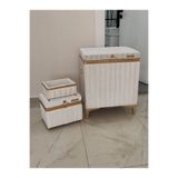 Heskar Home 3 Parça Dikdörtgen Krem Renk Altın Şeritli Modern Kadife Banyo Kirli Çamaşır Sepeti