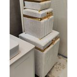 Heskar Home 3 Parça Kare Krem Renk Altın Şeritli Lüks Kadife Banyo Kirli Çamaşır Sepeti - 40x40cm