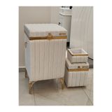 HESKAR HOME 3 Parça Kare Krem Renk Altın Şeritli Lüks Kadife Banyo Kirli Çamaşır Sepeti