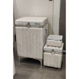 Heskar Home 3 Parça Kare Krem Renk Gümüş Şeritli Lüks Kadife Banyo Kirli Çamaşır Sepeti