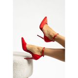 Hevsel Bilek Bantlı Yüksek İnce Topuklu Kırmızı Saten Stiletto