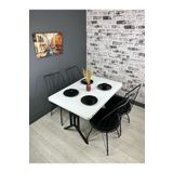 Hey Moduler Mobilya Handan Beyaz Siyah Mutfak Yemek Masasi Balkon Masasi Kavisli Kose Metal Siyah Ayak 110*70 Cm