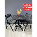 Hey Modüler Mobilya Mercan 2 Kişilik Yuvarlak Mutfak Yemek Masası Takımı 2+1 Siyah Mermer Gri Kumaş 60 cm - Siyah Mermer - Siyah