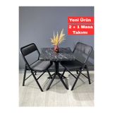 hey modüler mobilya Mercan Siyah Mermer 2 Kişilik Kare Mutfak Yemek Masası Takımı 2+1 Keten Gri 60 cm