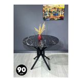 Hey Modüler Mobilya Selin Siyah Mermer Yuvarlak Mutfak Masası Yemek Masası Metal Siyah Ayak 90 Cm