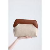 HEYBE'S Heybes Kadın Kahverengi Çerçeveli Kendinden Desenli Jüt Clutch El Çantası