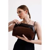Heybes Kadın Acı Kahve Kroko Desen Deri Detaylı Süet Clutch El Çantası