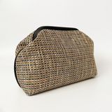 Heybes Kadın Jüt Hasır Clutch El Çantası Zarif Tasarım 28x19x10 cm Siyah Biyeli Çizgili - Beyaz - Siyah - Taba