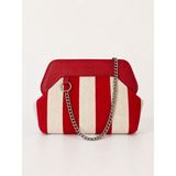 Heybes Kadın Kırmızı Çizgi Desenli Kanvas Clutch El Çantası - Kırmızı - Beyaz