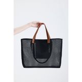 HEYBE'S Kadın Siyah Petek Desenli Şeffaf Büyük Boy Plaj Ve Alışveriş Shopper Tote Omuz Çantası