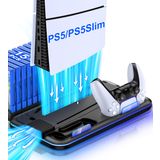 HEYLICOOL RGB Işıklı PS5 Soğutma İstasyonu, PS5 Disk Dijital Sürümleri için Soğutma Fanlı PS5 Standı, Çift Kontrolörler, Şarj İstasyonu Aksesuarları Kulaklık Tutucu, 6 Oyun Yuvası