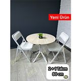 heymodülermobilya Aras 2 Kişilik Yuvarlak Mutfak Yemek Masası Takımı 2+1 Traverten Beyaz Deri 80 Cm Traverten - Beyaz