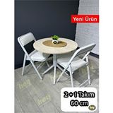 heymodülermobilya Mercan 2 Kişilik Yuvarlak Mutfak Yemek Masası Takımı 2+1 Traverten Beyaz Deri 60 Cm Traverten - Beyaz