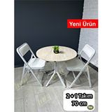 heymodülermobilya Pars 2 Kişilik Yuvarlak Mutfak Yemek Masası Takımı 2+1Traverten Beyaz Deri 70 Cm Traverten - Beyaz