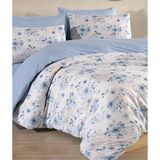 H&F Trendline Çiçek Desen Çift Taraflı Çift Kişilik Nevresim Takımı Çarşafı Lastikli - Beyaz - Mavi - 220 x 200 cm