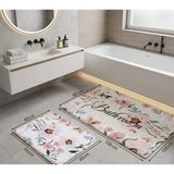 Hfs Home Dekorasyon Klozet Takımı Turkuaz Deniz Kabuğu Desenli Vintage Çiçekli Yazı Detaylı Banyo Seti Paspas Banyo Paspas Takımı 2'li Pamuk Dokuma Kaymaz Taban 60X100 cm ve 40X60 cm - Pembe