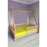 HFT Home Hft Home Çatılı Unisex Montessori Bebek Ve Çocuk Karyolası Doğal Ahşap Yatak Çam