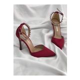 Hg Ayakkabı N ayan Bordo Saten Topuklu Taşlı Stiletto