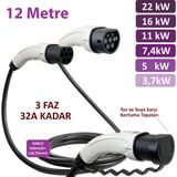 Hgsşarj 12 Metre, Elektrikli Araç Şarj Kablosu 22KW-16KW-11KW-7,4KW-5KW-3,7KW 32A Kadar -Tr-Ab Tüm Tip 2 Araçlara Uyumlu