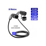 hgsşarj 8 Metre, Elektrikli Araç Şarj Kablosu 22kw-11kw-7,4kw3,7kw, 32a Kadar - Tip 2-mod3
