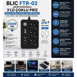 HiboTekno BLIC FTR-02 Akım Korumalı 3'lü Topraklı Priz 2 USB + Type-C PD 20W Hızlı Şarjlı 2500W Anahtarlı 2 Metre Kablolu Çoklu Grup Priz - Siyah