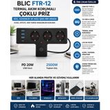 HiboTekno BLIC FTR-12 Termal Akım Korumalı Çoklu Priz 3'lü Topraklı 3 USB + Type-C PD 20W Hızlı Şarjlı 2500W Anahtarlı 2 Metre Kablolu Grup Priz - Siyah