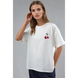 Hiccup Kadın Oversize Nakışlı Örme T-Shirt Tozlu Beyaz - XS