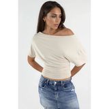 Hiccup Kadınlar Asimetrik Yaka Yumuşak Viskon Örme Bluz Natural - XL