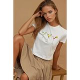 Hiccup Kadınlar Baskı Detaylı Regular Fit Bisiklet Yakalı %100 Pamuklu Crop T-shirt Tozlu Beyaz