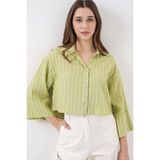 Hiccup Kadınlar BDART Düğmeli, Crop, Oversize Çizgili Gömlek Yeşil - XL