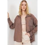 Hiccup Kadınlar BDART Düğmeli Oversize Çizgili Gömlek Mocha Kahvesi - XL