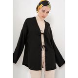 Hiccup Kadınlar BDART Keten Karışımlı Uzun Kollu Önü Bağcıklı Kimono Siyah - 2XL