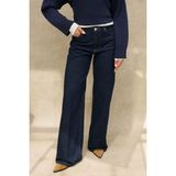 Hiccup Kadınlar Geniş Paça Raw Kot Pantolon %100 Pamuk Koyu Mavi Denim Casual Stil