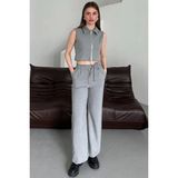 Hiccup Kadınlar MY FASHION Kolsuz Fermuarlı Yelek & Geniş Paça Pantolon İkili Takım Gri