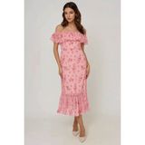 Hiccup Kadınlar Omzu Açık Çiçek Desenli Bodycon Midi Elbise Pembe