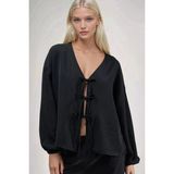 Hiccup Kadınlar Oversize V Yaka Bağlamalı Bluz Siyah - XL