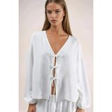 Hiccup Kadınlar Oversize V Yaka Bağlamalı Bluz Tozlu Beyaz - 2XS