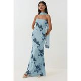Hiccup Straplez Çiçek Desenli Tül Kuşaklı Bodycon Maxi Elbise