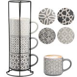 Hiceeden Metal Standlı 4'lü Kahve Kupası Seti, 15 oz İstiflenebilir Espresso Fincanları Kakao, Latte, Americano, Kapuçino veya İçecekler için Seramik Kahve Kupaları