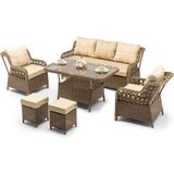 Hier Zen Rattan Puflu Bahçe Balkon Mobilyası 3+1+1 Kahverengi 7 Kişilik Premium Bahçe Takımı Balkon Mobilyası - Kahveregi