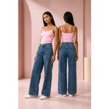 Hies Salaş Pantolon, Yüksek-Esnek Bel Likralı Bol Paça Kot Jeans - Mavi