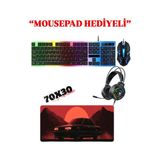 Hietech Kablolu USB Gaming Oyuncu Klavye Mouse Set Reinbow + Oyuncu Kulaklığı + Mousepad Hediye - Siyah