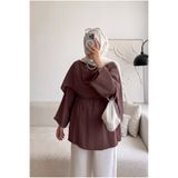 HİFADEN Kadın Şal Yaka Kuşaklı Salaş Drapeli Uzun Kollu Oversize Modern Tesettür Tunik Gömlek